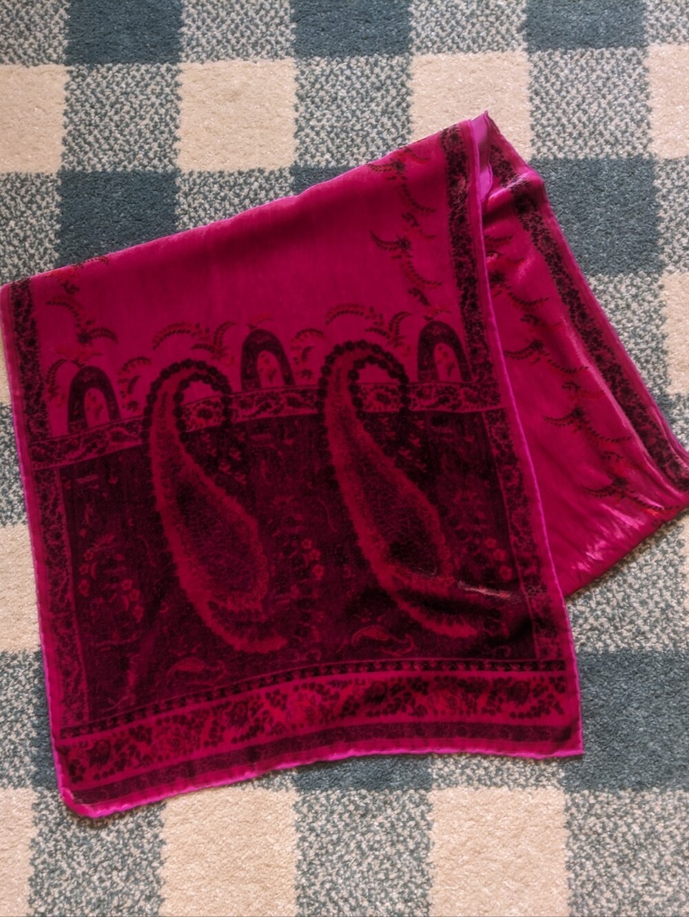 Vintage Silk Rayon Velvet Deep Fuchsia Pink Whimsygoth Witchy Paisley Scarf